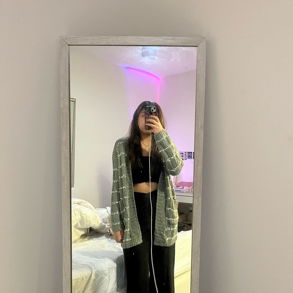 green and white cardigan